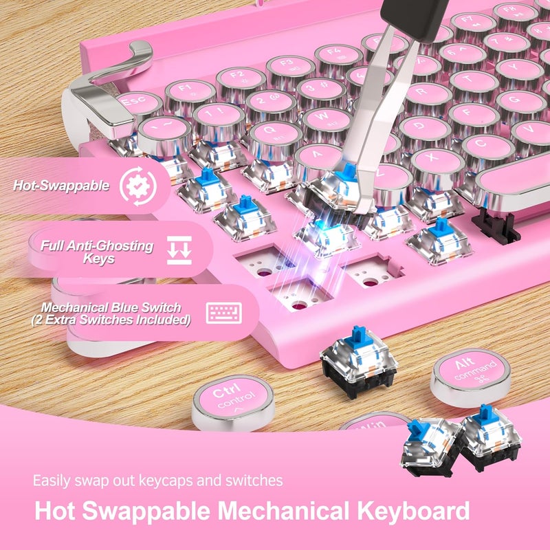 Taiahiro Retro Typewriter Wireless Mechanical Gaming Keyboard, Bluetooth 5.0 Office Computer Vintage Keyboards 83-Key Blue Switches Punk Round Keycap, LED Backlight, Compatible with PC/Laptop/Pad/Phone, Pink - Image 3